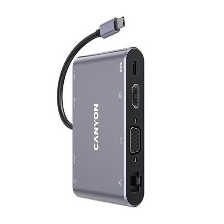 USB elosztó-HUB, USB-C/USB 3.0/HDMI/VGA/Ethernet/audio, CANYON "DS-14"