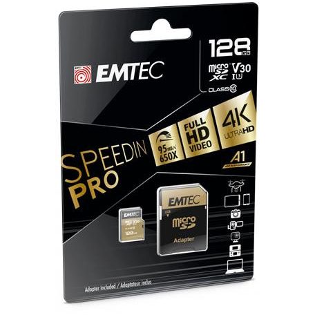 Memóriakártya, microSDXC, 128GB, UHS-I/U3/V30/A2, 100/95 MB/s, adapter, EMTEC "SpeedIN"