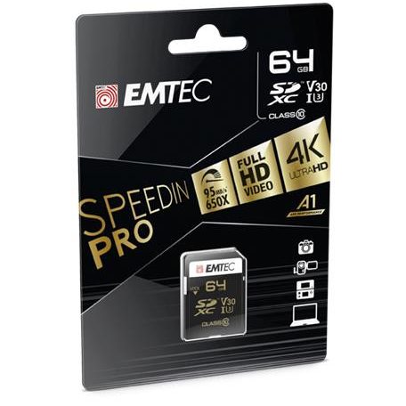 Memóriakártya, SDXC, 64GB, UHS-I/U3/V30, 95/85 MB/s, EMTEC "SpeedIN"
