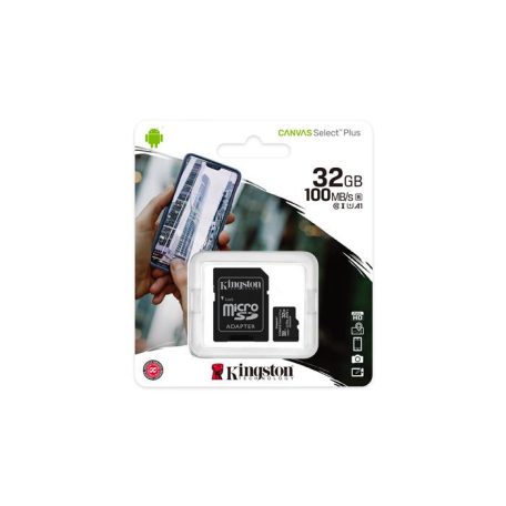 Memóriakártya, microSDHC, 32GB, CL10/UHS-I/U1/V10/A1, adapter, KINGSTON "Canvas Select Plus"