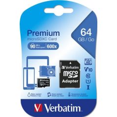   Memóriakártya, microSDXC, 64GB, CL10/U1, 90/10 MB/s, adapter, VERBATIM "Premium"