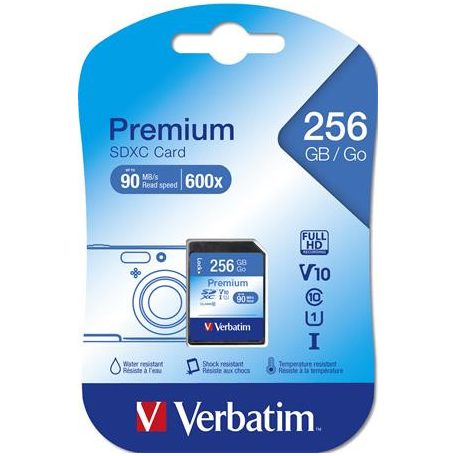 Memóriakártya, SDXC, 256GB, CL10/U1, 90/10 MB/s, VERBATIM "Premium"