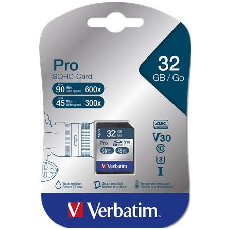 Memóriakártya, SDHC, 32GB, CL10/U3, 90/45MB/sec, VERBATIM "PRO"