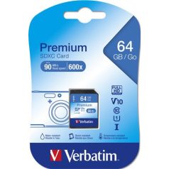   Memóriakártya, SDXC, 64GB, CL10/U1, 90/10 MB/s, VERBATIM "Premium"