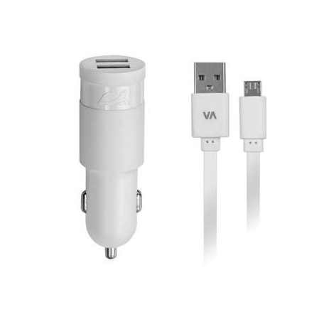 Autós töltő, 2 x USB, 3,4A, micro USB kábellel, RIVACASE "VA 4223 WD1", fehér