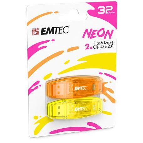 Pendrive, 32GB, 2 db, USB 2.0, EMTEC "C410 Neon", narancs és citromsárga
