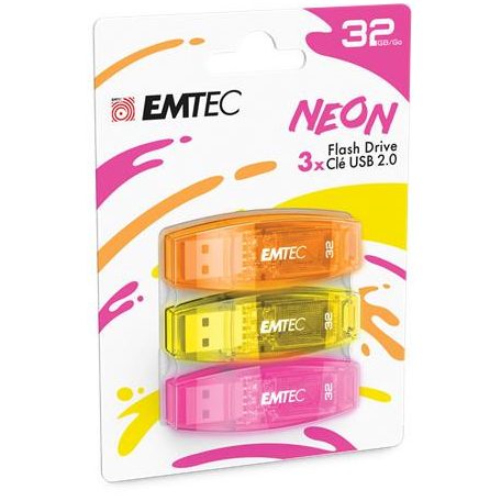 Pendrive, 32GB, 3 db, USB 2.0, EMTEC "C410 Neon", narancs, citromsárga, rózsaszín