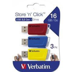   Pendrive, 3 x 16GB, USB 3.2, 80/25MB/sec, VERBATIM "Store n Click", piros, kék, sárga