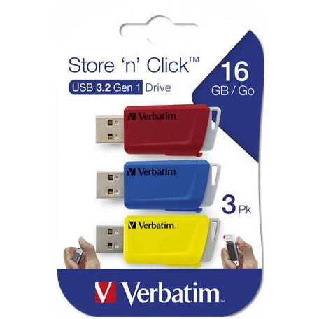 Pendrive, 3 x 16GB, USB 3.2, 80/25MB/sec, VERBATIM "Store n Click", piros, kék, sárga